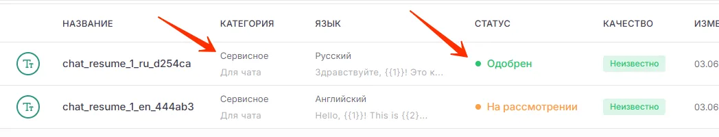 Страница «Список»: шаблон со статусом «Одобрен» и категорией «Сервисное»