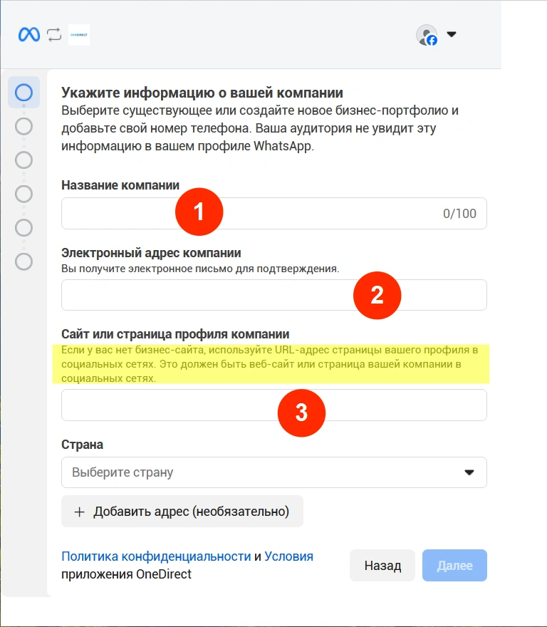 Форма создания бизнес-портфолио: название, e-mail, сайт и страна.