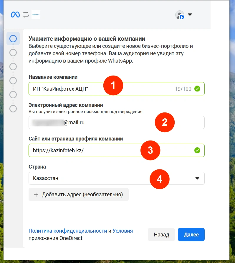 Пример заполнения: 1 — название компании, 2 — e-mail, 3 — сайт, 4 — страна.