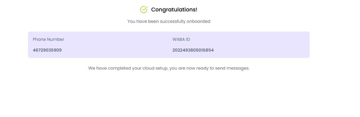 Экран «Congratulations»: WABA успешно подключён и готов к отправке сообщений.