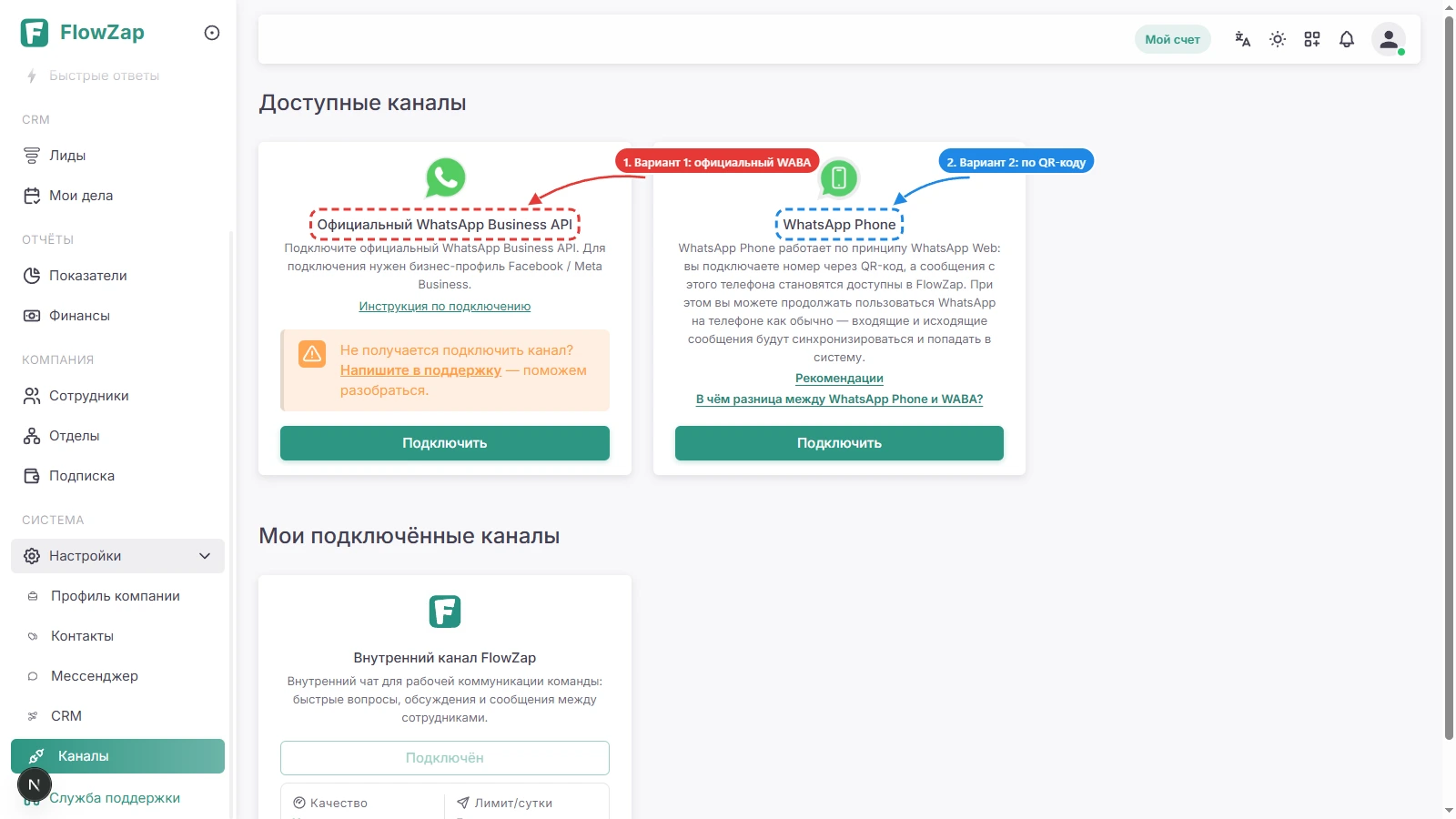 Страница «Каналы»: карточки «Официальный WhatsApp Business API» и «WhatsApp Phone» с кнопками «Подключить»